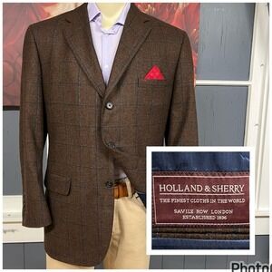 Tom James Custom 3-Button Blazer Mens 44R Tailored Fit Wool Flannel Brown/Navy